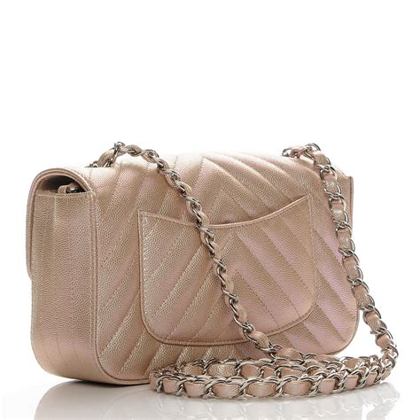 Chanel Iridescent Rose Gold Chevron Quilted Caviar Mini Flap 